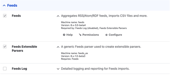 Admin interface to enable Feeds module in Drupal 10
