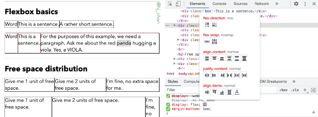 Chrome's Flexbox inspector displaying all flex-related and alignment options