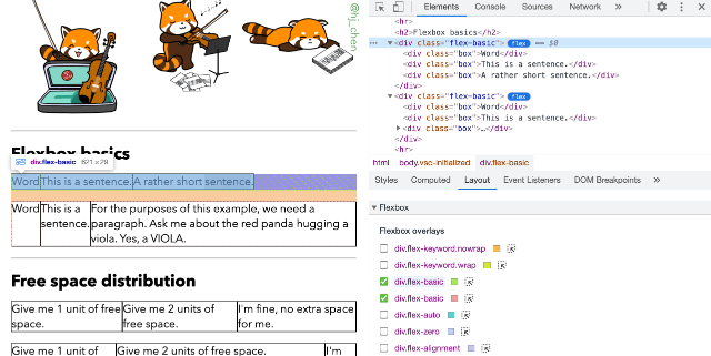 Chrome's Flexbox inspector showing an overlay on a Flex container