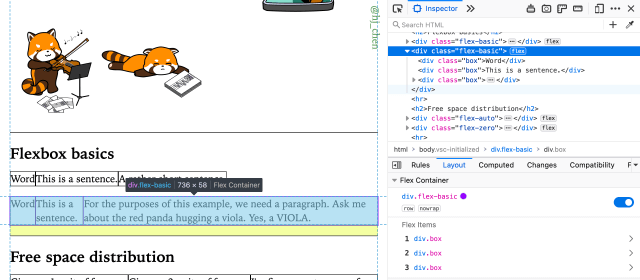 Firefox's Flexbox inspector showing the dimensions of a flex item