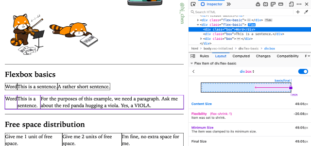 Firefox's Flexbox inspector showing the calculations of a flex item's final size