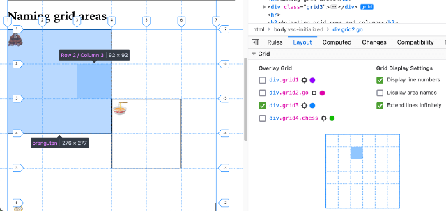 Firefox's Grid inspector showing the dimensions of a grid item
