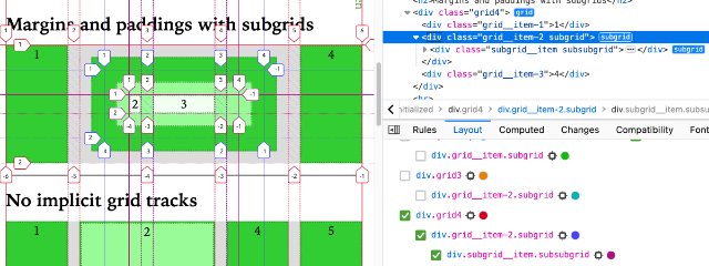 Firefox's Grid inspector showing the overlay and labels for a grid with 2 nested subgrids