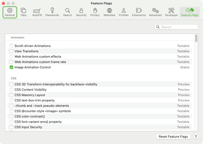 Feature flag tab in Safari's developer settings