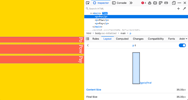 Firefox Flex inspector overlay on a vertical layout