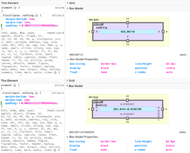 Difference between rendering padding of 0.0083333323709666669px and 0.0083333323709666668px in Firefox