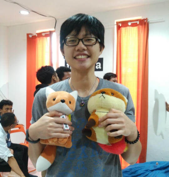 Holding onto 2 fox plushies