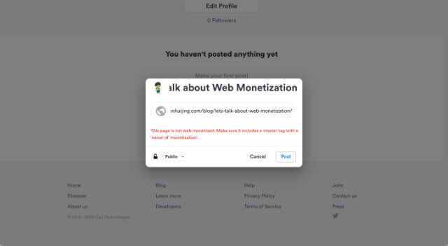 Notification message from Coil informing that the link you are posting is not web monetized