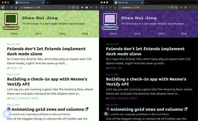 Screenshot of Hui Jing's website comparing light mode on the left with dark mode on the right
