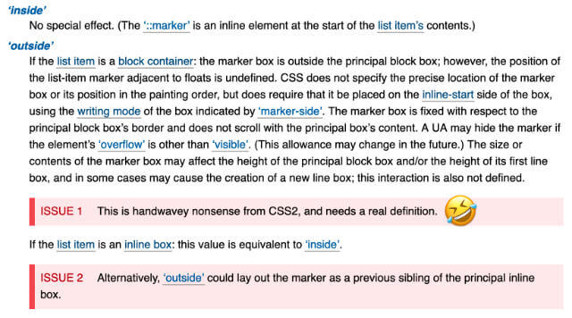 A rather snarky comment in the working draft of CSS lists