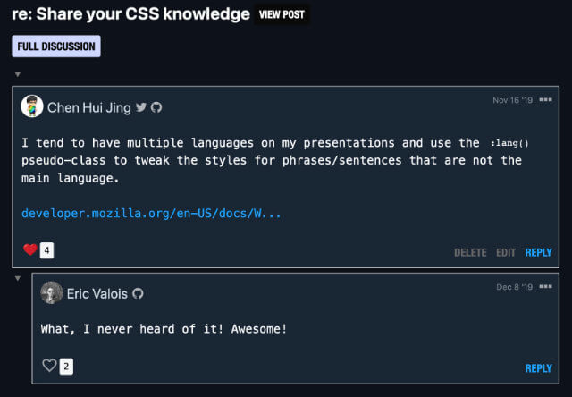 Comment thread on DEV.to on sharing CSS knowledge