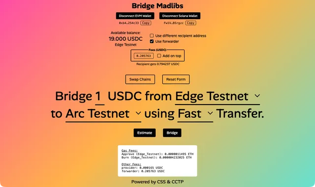 Bridge Madlibs interface showing forwarder fees.