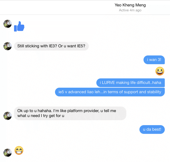 Conversation between Kheng Meng and I on IE3 versus IE5