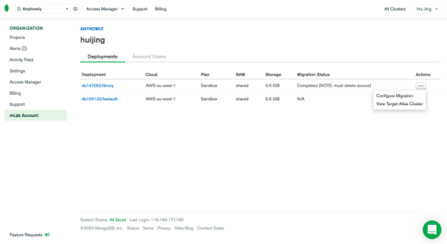 mLab integration on the MongoDB Atlas dashboard