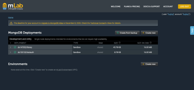 mLab dashboard when you log in