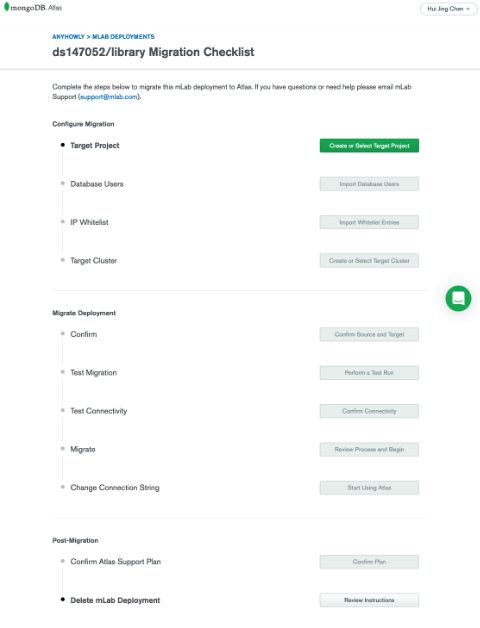 Migration checklist wizard on MongoDB Atlas