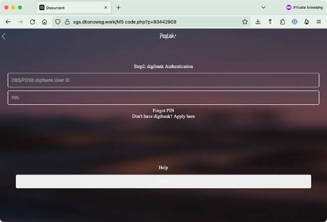 Screenshot of the second page of the phishing site sgs.dbsnowsg.work