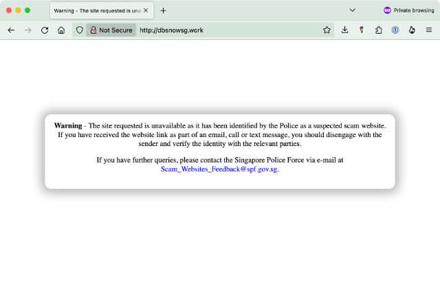 Singapore Police Force warning folks that this is a scam website and they're investigating