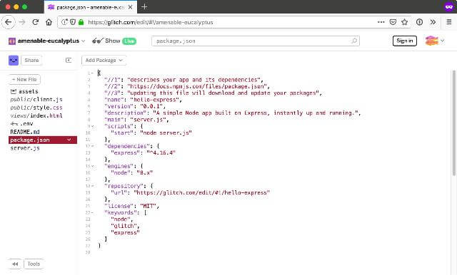 Default package.json on a fresh Glitch Node project