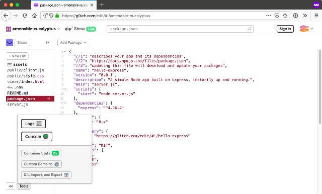 Tools options on Glitch