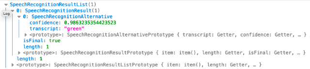 Console log of the SpeechRecognitionResultsList object