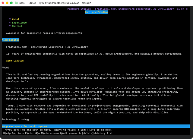 Panthera Studios website on Lynx text browser